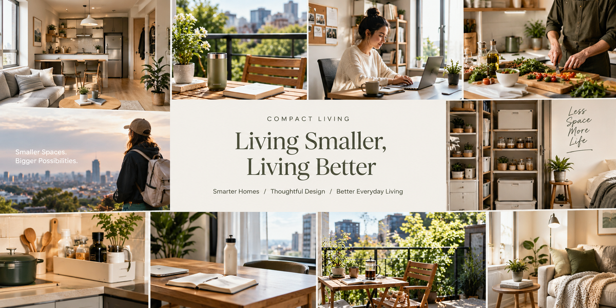 A bright modern apartment showcasing compact living through an organized kitchen, flexible workspace, cozy balcony, smart storage, and thoughtfully designed everyday essentials that support better everyday living.