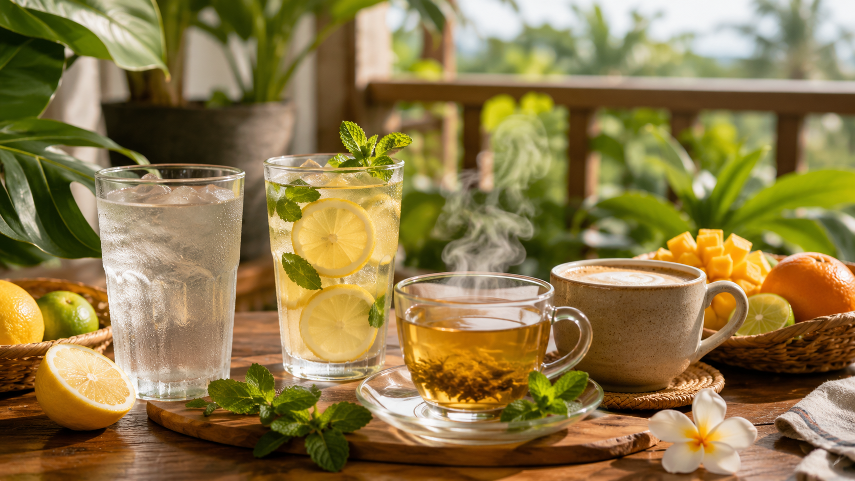 A selection of refreshing drinks including water, tea, coffee, and fruit-infused beverages displayed on a table during a warm summer day