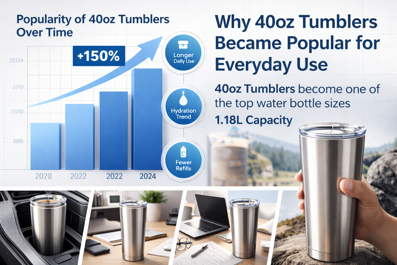 40oz tumbler popularity trend infographic showing growing demand for large insulated tumblers used for everyday hydration