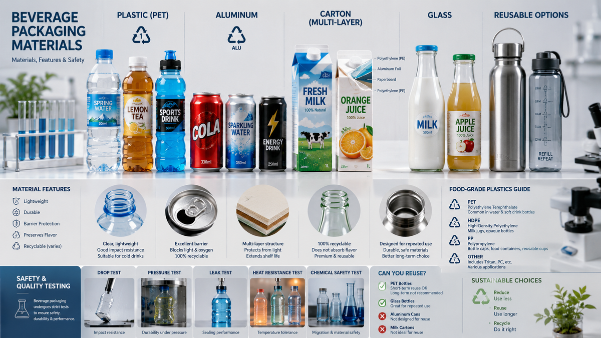 Collection of beverage packaging including plastic bottles, aluminum cans, glass bottles, and cartons displayed on a table to compare common drink container materials