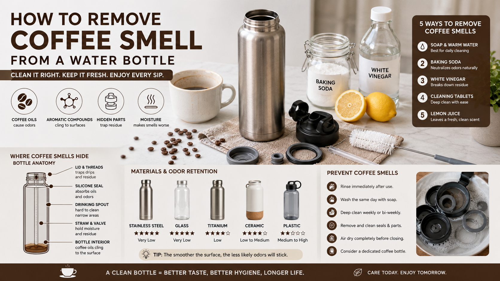 Complete guide to removing coffee smells from a reusable water bottle featuring cleaning tools, natural odor removers, bottle components, and different drinkware materials in a modern lifestyle setting