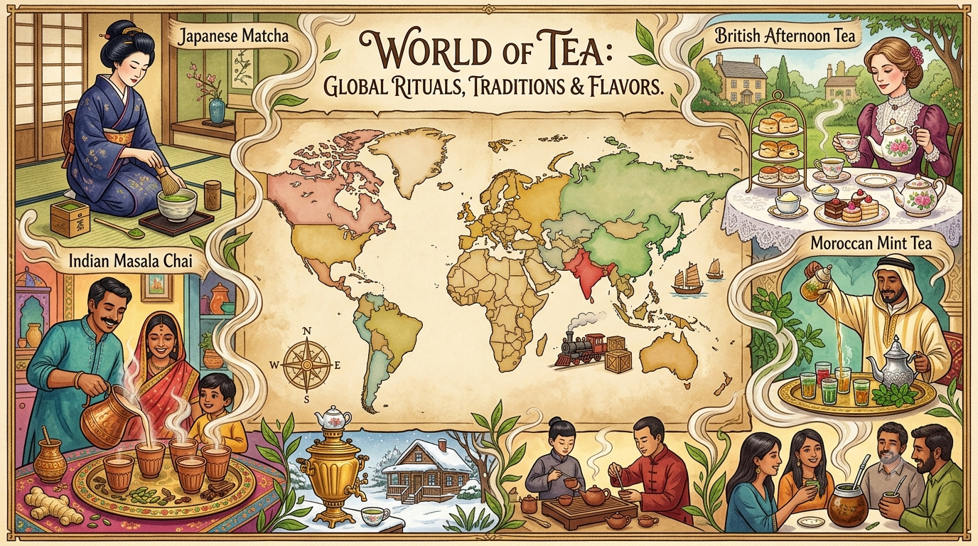 Global tea culture featuring Chinese tea, Japanese matcha, British afternoon tea, Moroccan mint tea, and South American Yerba Mate traditions
