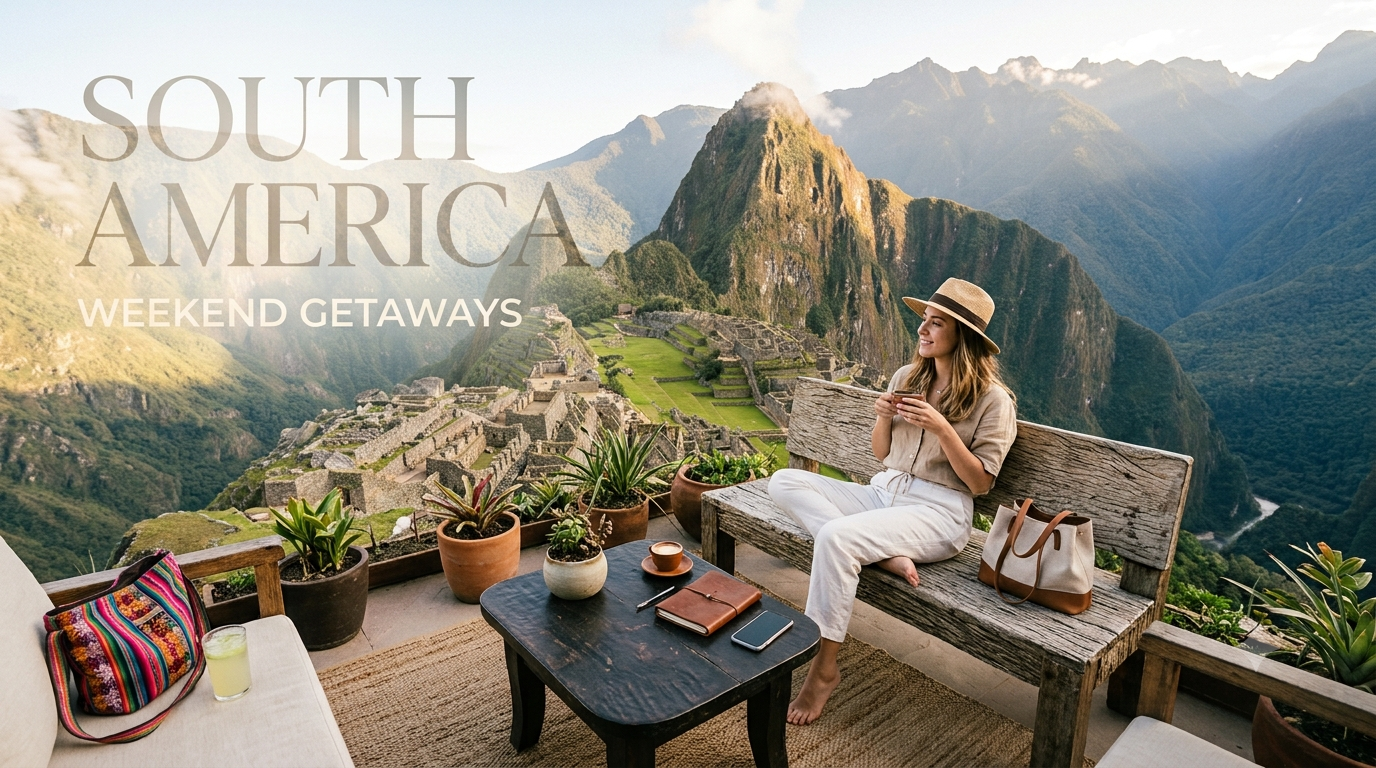 Minimalist South American weekend travel essentials with a backpack, reusable tumbler, coffee, and outdoor travel elements representing slow travel lifestyle.