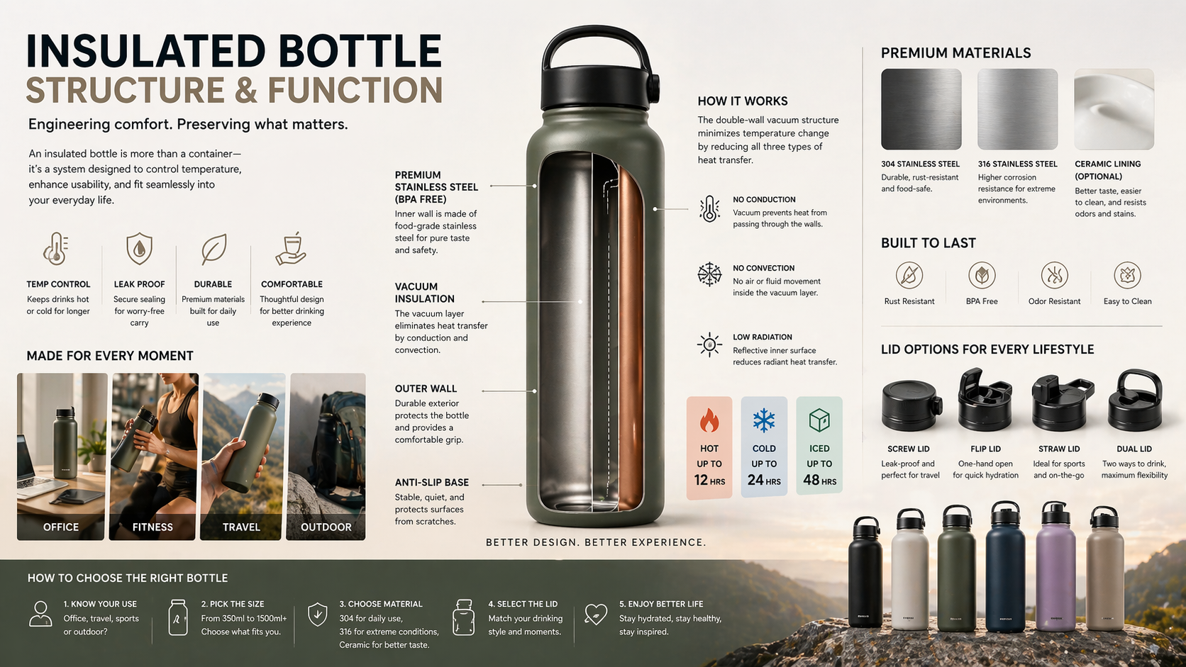 Modern insulated water bottles for daily use showing different sizes and designs on clean background