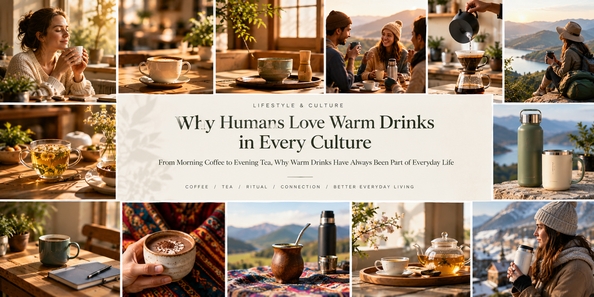 People around the world enjoying coffee, tea, yerba mate, and other warm drinks in cozy cafés, homes, and outdoor settings, celebrating everyday comfort and cultural connection.