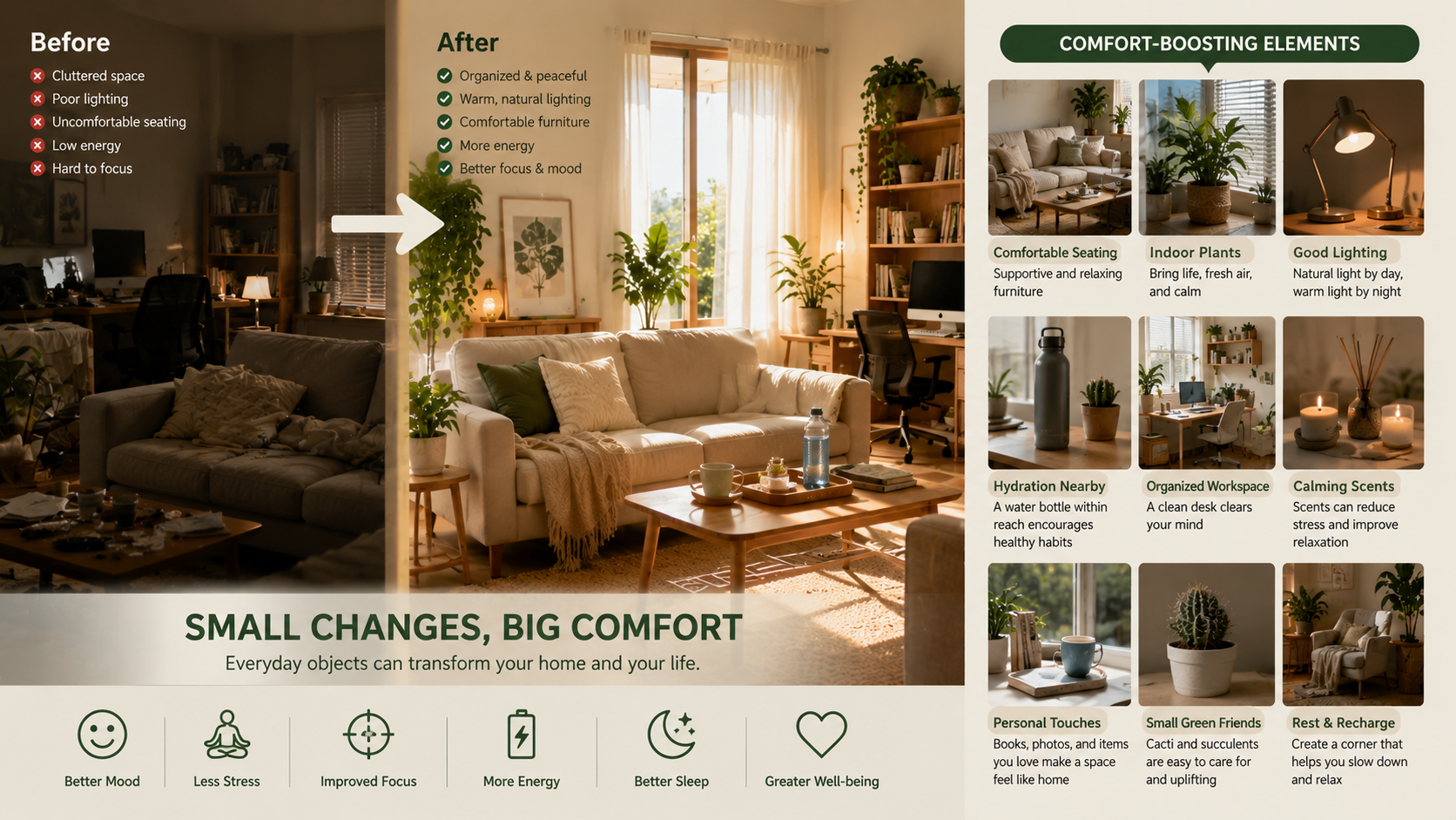 Person organizing a bright and comfortable living room with indoor plants, books, soft lighting, and a relaxing home atmosphere