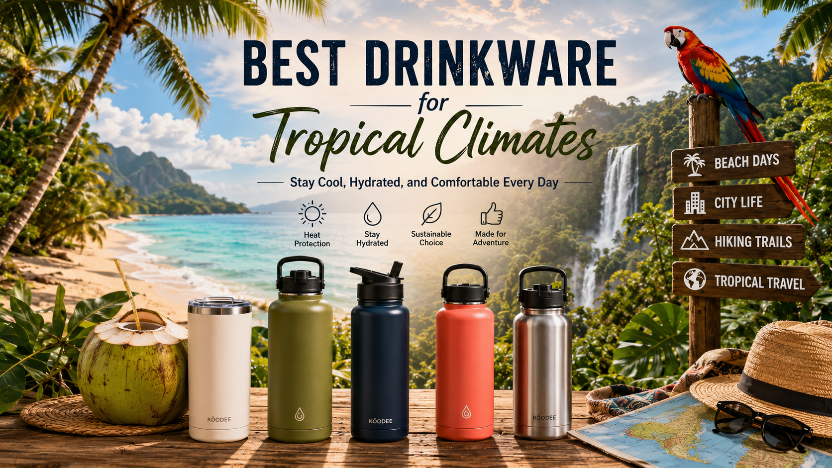 Traveler carrying a reusable insulated water bottle in a tropical climate surrounded by rainforest, palm trees, and sunny coastal scenery