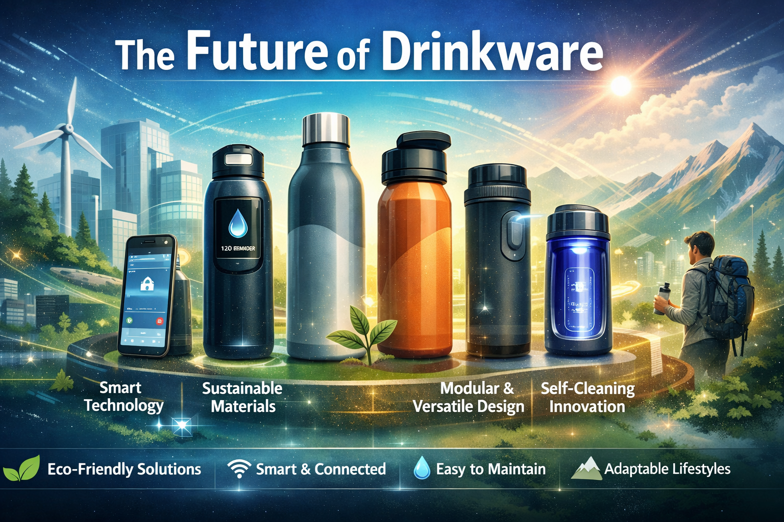 future drinkware concept showing smart bottle sustainable materials and modern hydration lifestyle