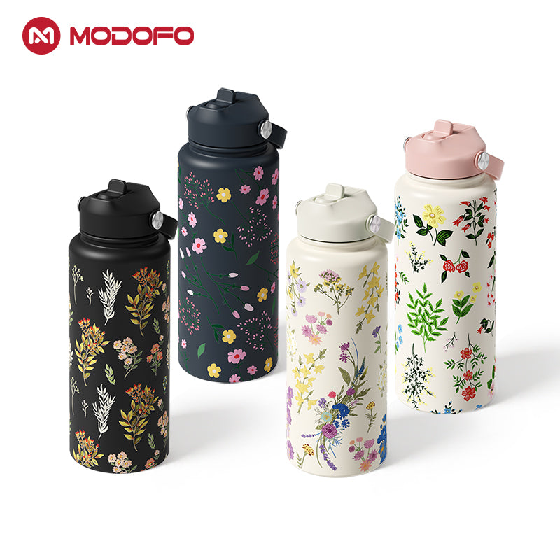 Botol Air Portabel MODOFO 1000ML dengan Sedotan Motif Fashion Sedotan Bawaan