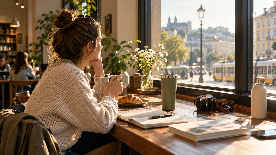 A peaceful café scene with coffee, books, a reusable insulated tumbler, and soft natural light, capturing the simple joy of slowing down and appreciating quiet moments in everyday life.