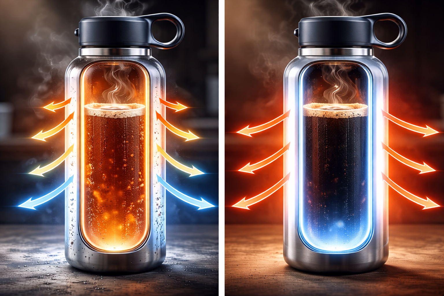 Illustration of how air gaps inside double-wall bottles reduce heat transfer, compared with vacuum insulation performance.