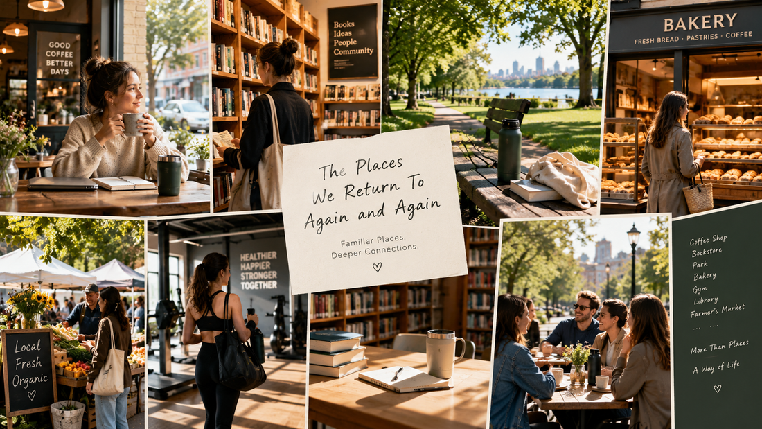 A vibrant European neighborhood featuring a cozy coffee shop, independent bookstore, bakery, leafy park, and weekend farmers' market, where people enjoy everyday routines, meaningful conversations, and a walkable lifestyle with reusable drinkware.