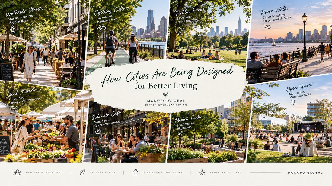 A vibrant modern city featuring walkable streets, cycling paths, public parks, sidewalk cafés, local markets, and open community spaces that promote healthier, happier everyday living.