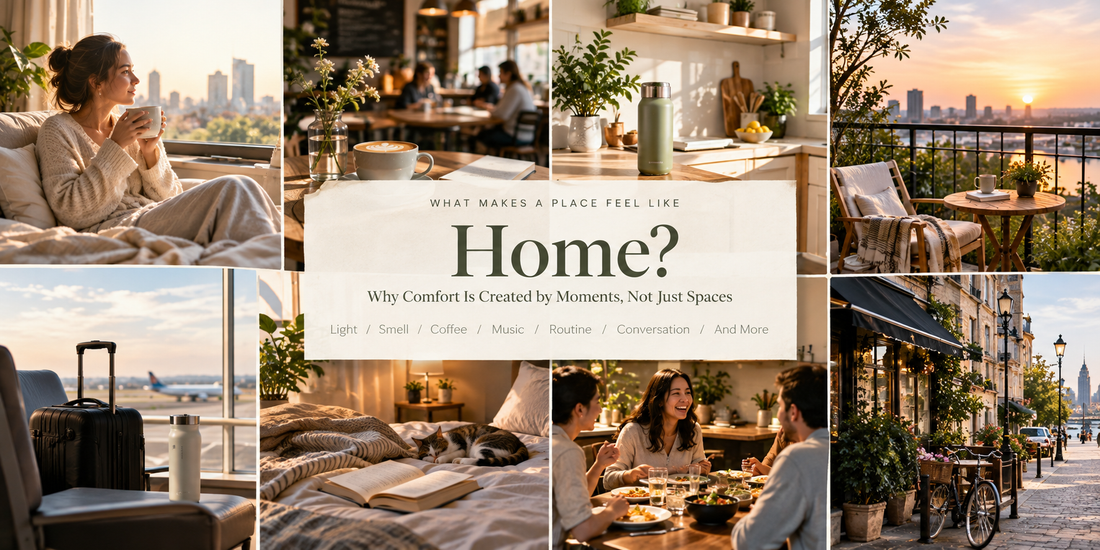 A warm lifestyle collage featuring a cozy home, neighborhood café, sunlit kitchen, balcony, travel moments, shared meals, and quiet everyday rituals that create a lasting sense of home and belonging.