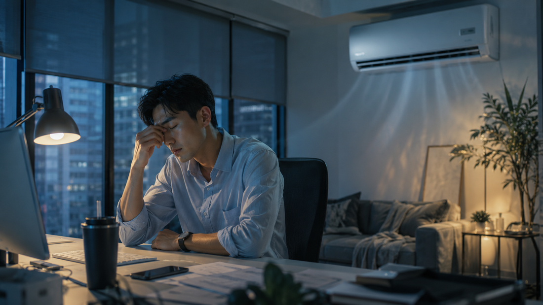 Tired office worker sitting in cold air-conditioned room surrounded by modern urban glass buildings and artificial lighting
