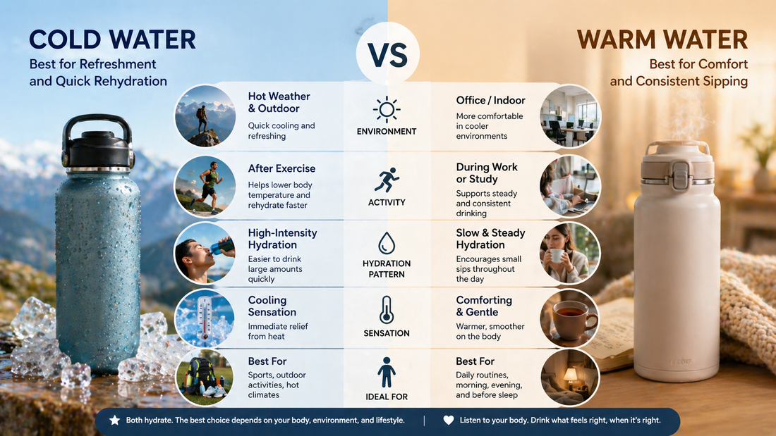 Cold and warm water comparison with two drinkware setups in different environments, showing hydration habits and temperature preferences