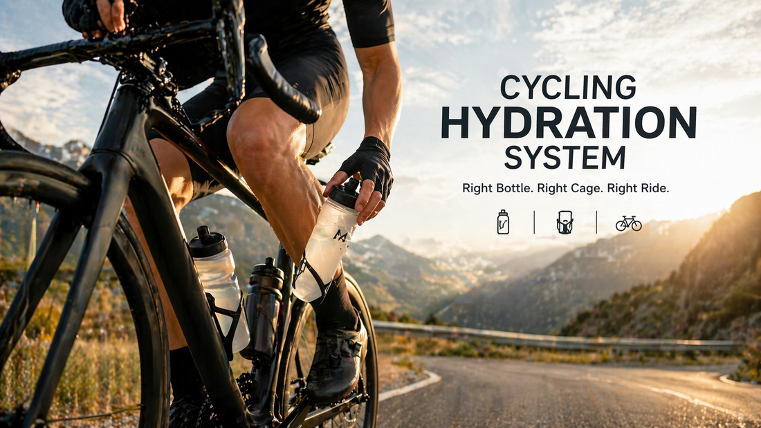 Cycling hydration system showing bike water bottle and bottle cage setup on a road bike