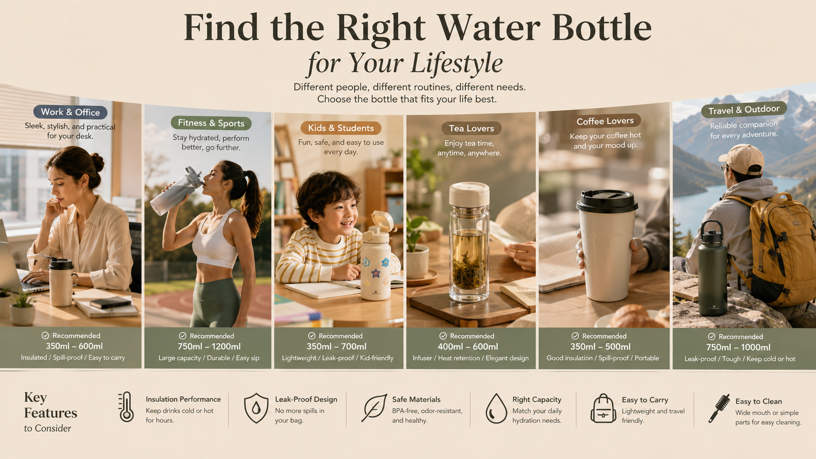 Different types of reusable water bottles displayed in everyday lifestyle settings including office work, fitness training, travel, family activities, and tea drinking