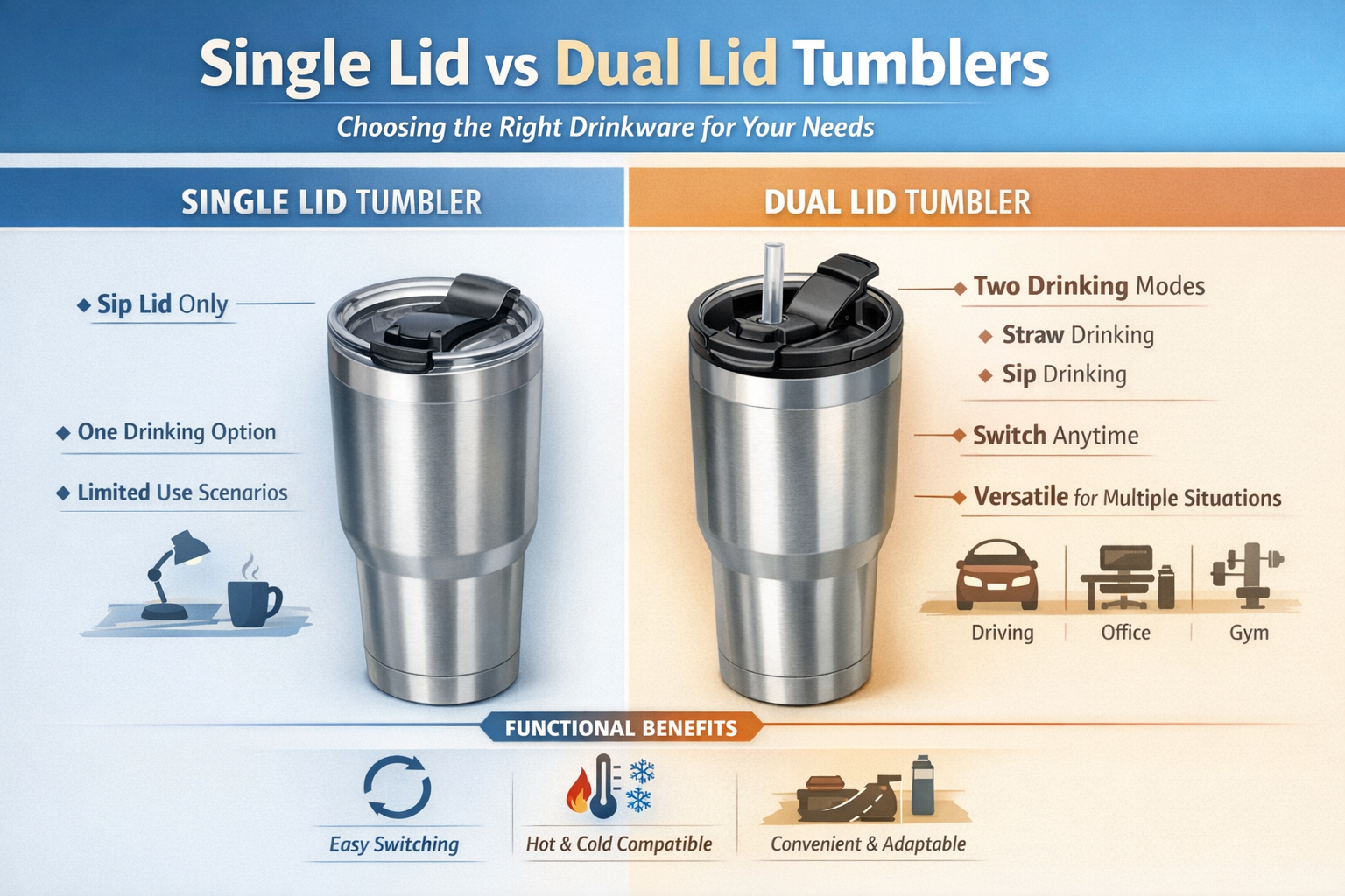 Single lid vs dual lid tumbler comparison with straw and sip drinking modes