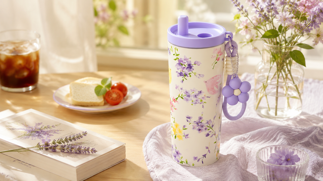 Floral reusable stainless steel tumbler with iced coffee, breakfast, and lavender decorations in a cozy sunlit home setting, representing everyday coffee routines, bottle care, and a modern slow-living lifestyle.