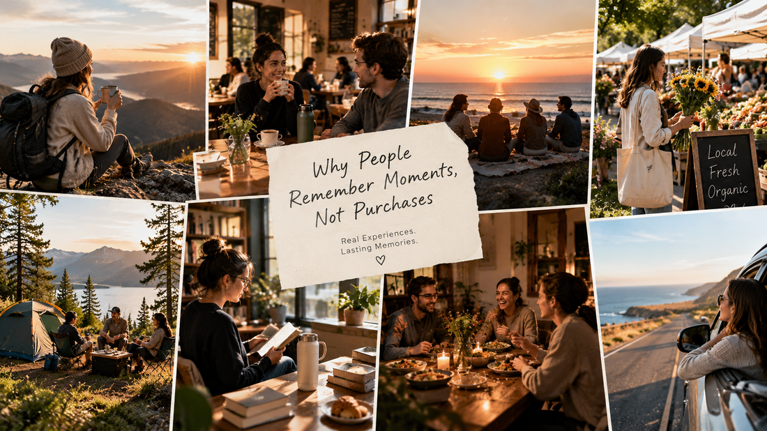 Friends enjoying coffee, travel, and sunset moments together, reflecting how everyday experiences create lasting memories beyond material purchases.