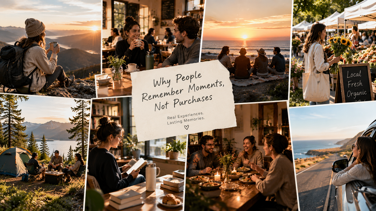 Friends enjoying coffee, travel, and sunset moments together, reflecting how everyday experiences create lasting memories beyond material purchases.