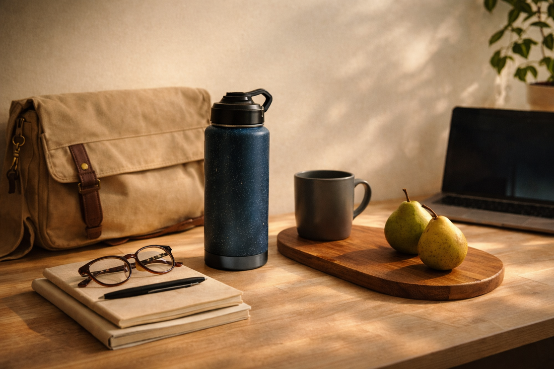Minimal lifestyle setup featuring everyday tools like water bottle, bag, and workspace items arranged neatly in a calm, modern environment