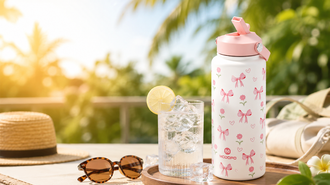 Modern insulated water bottle with ice cold hydration in tropical hot weather office lifestyle scene