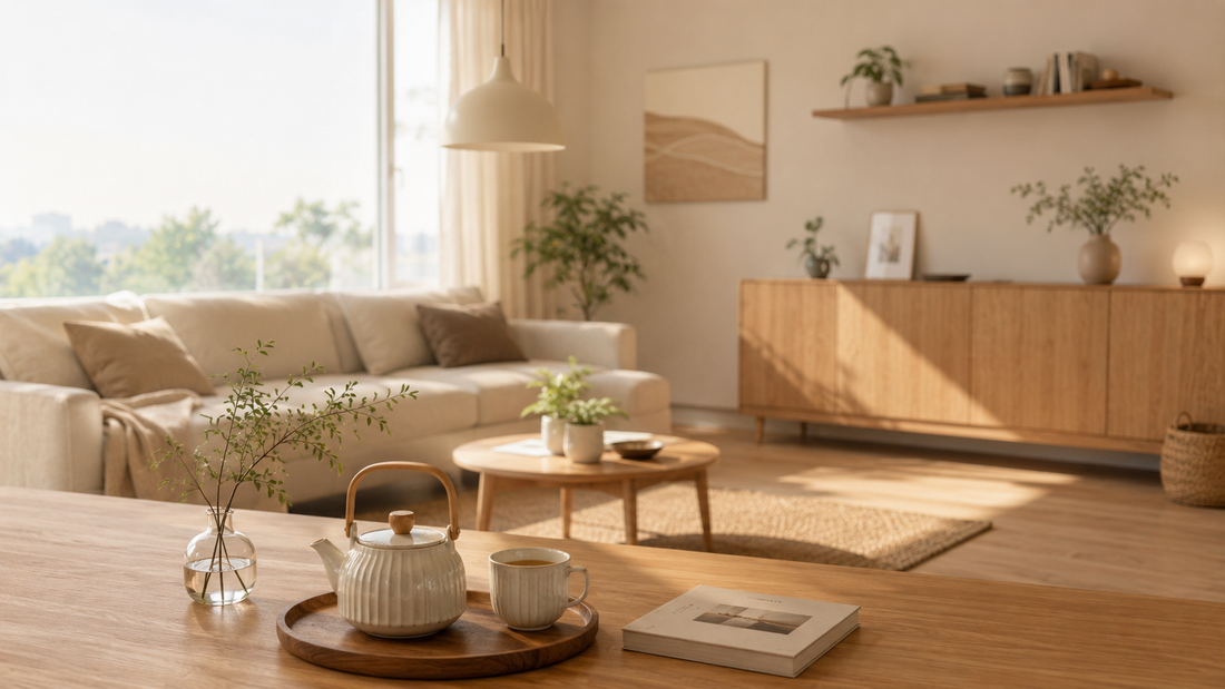 Modern minimal home interior with warm natural lighting, wooden furniture, tea setup, and calm cozy living atmosphere