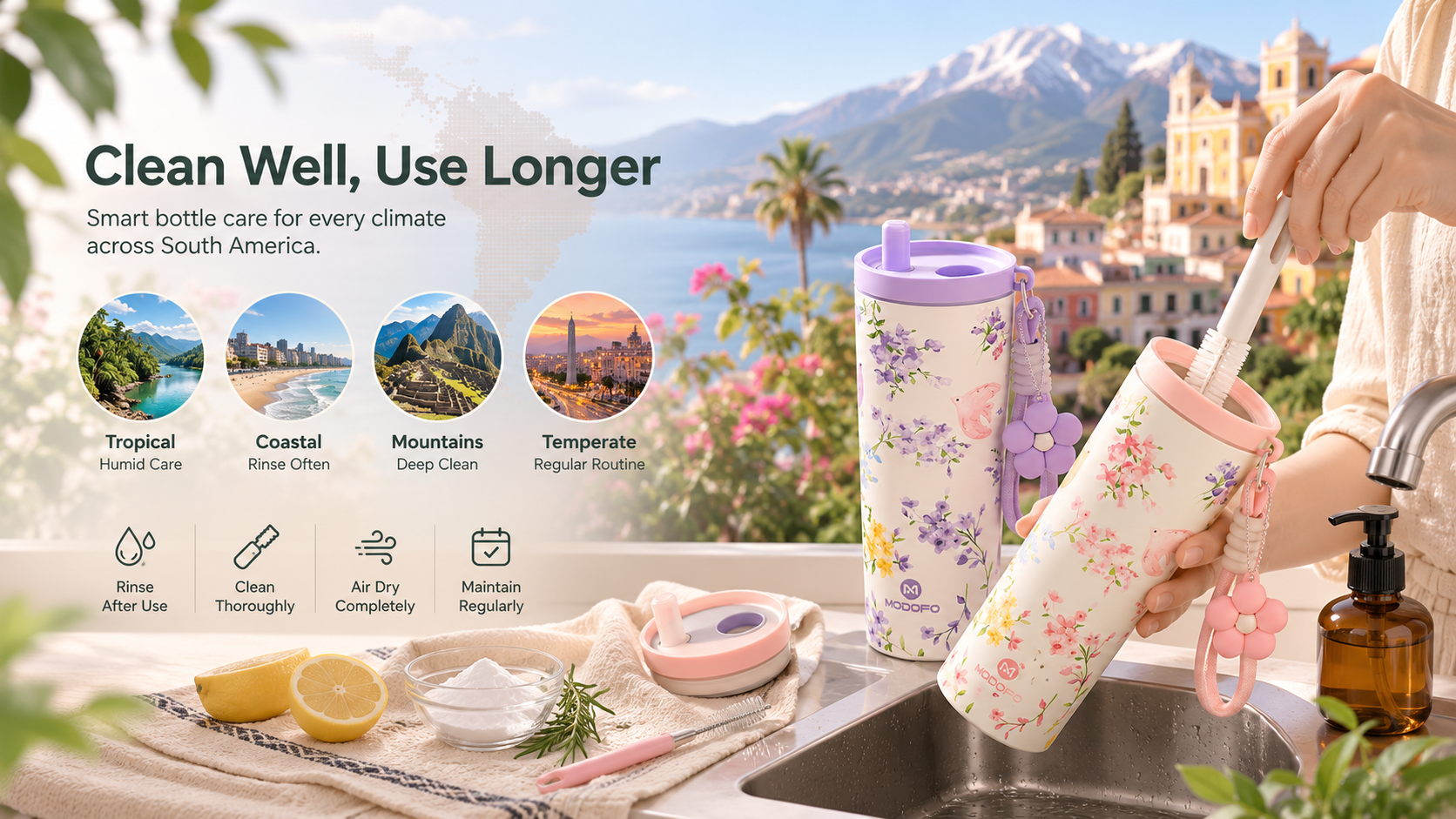 Modern reusable insulated water bottles with cleaning brush, fresh water, tropical greenery, and South American lifestyle elements, representing reusable bottle hygiene, climate-based maintenance, and sustainable everyday hydration.
