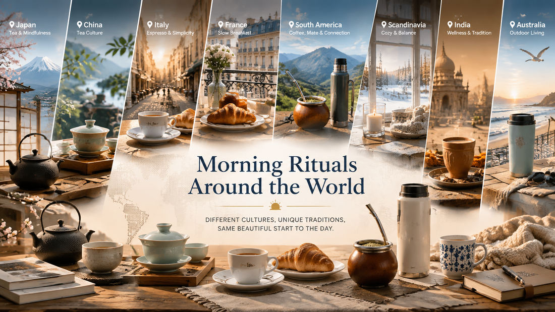 Morning rituals around the world featuring global coffee and tea cultures, from Japanese tea ceremonies and Italian espresso to South American mate and outdoor lifestyle moments