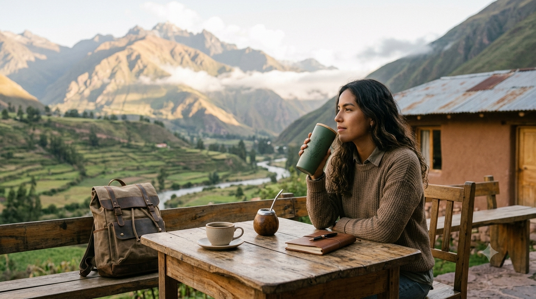 Outdoor lifestyle in South America with coffee, yerba mate, and reusable drinkware surrounded by mountains and nature, showing slow living and meaningful drinking rituals