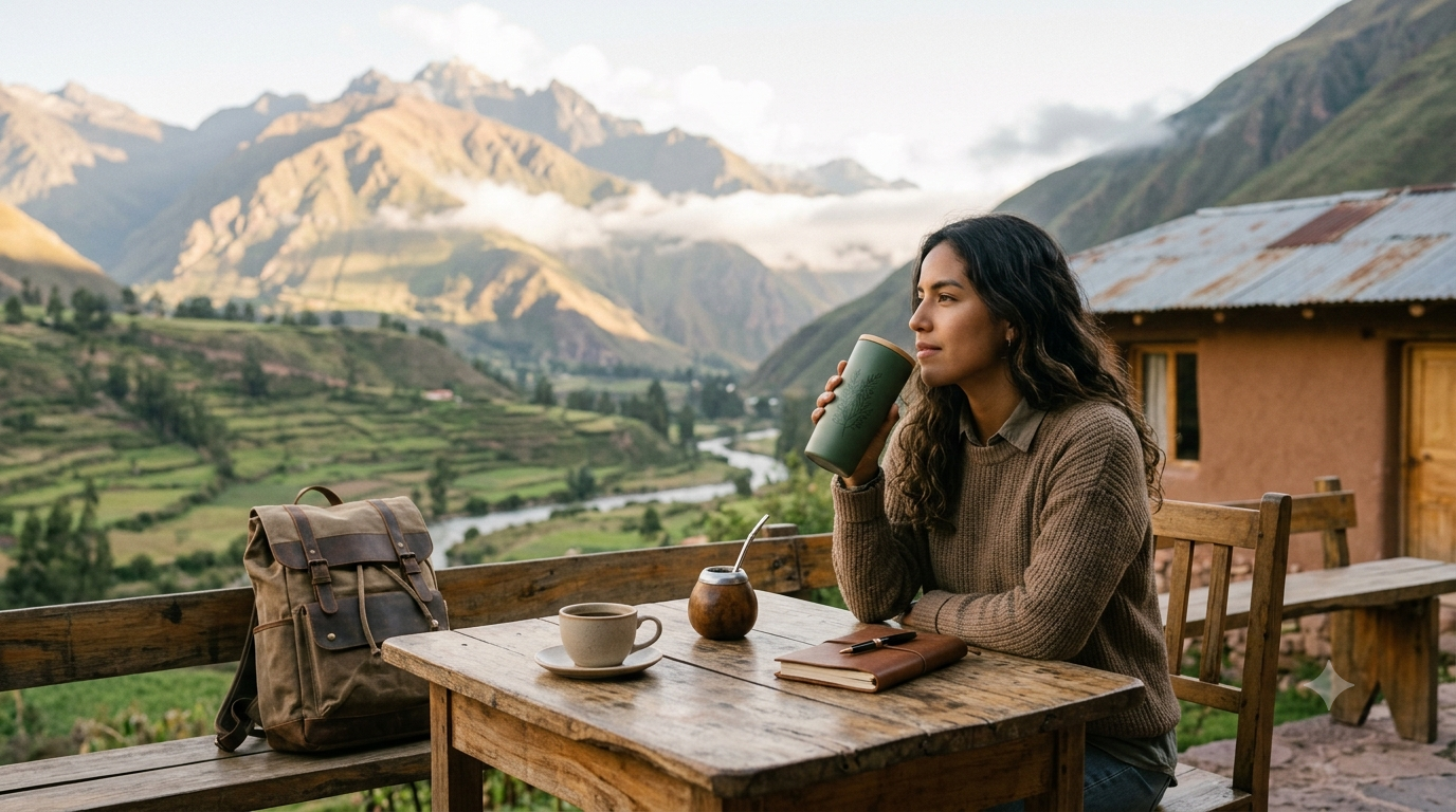 Outdoor lifestyle in South America with coffee, yerba mate, and reusable drinkware surrounded by mountains and nature, showing slow living and meaningful drinking rituals