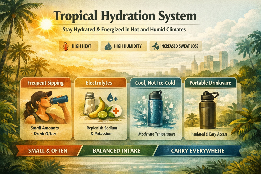 Person drinking water outdoors in tropical hot and humid weather with visible sunlight and sweat, representing hydration challenges in warm climates