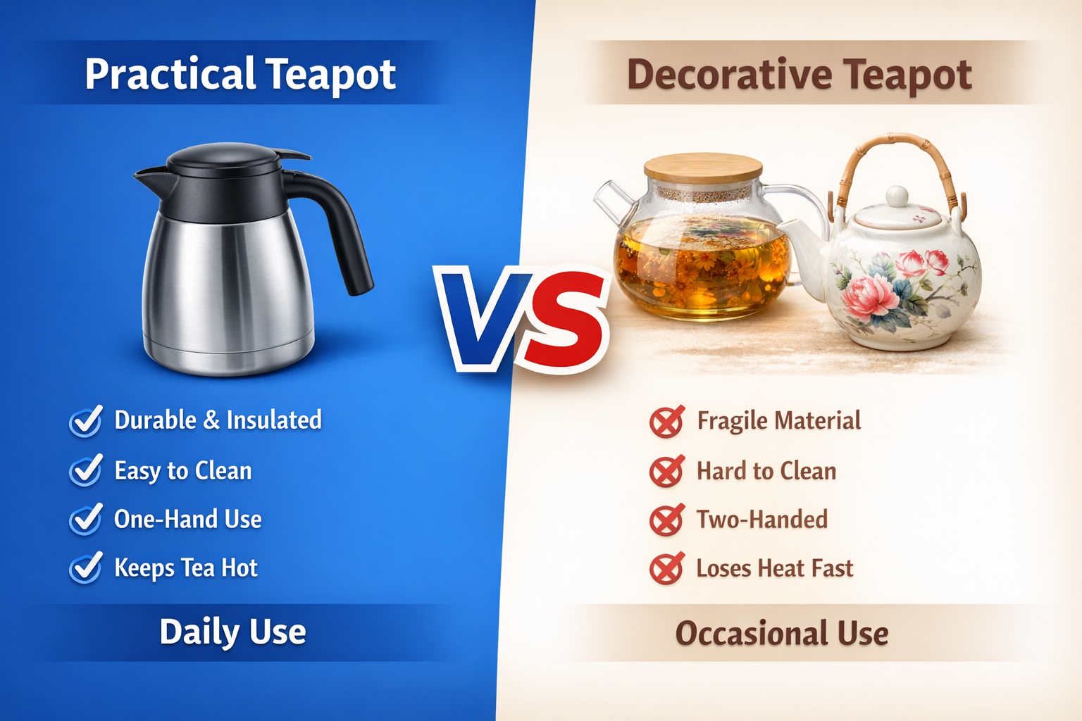 Practical vs Decorative Teapot Comparison Showing Stainless Steel and Glass Teapot Differences in Daily Use