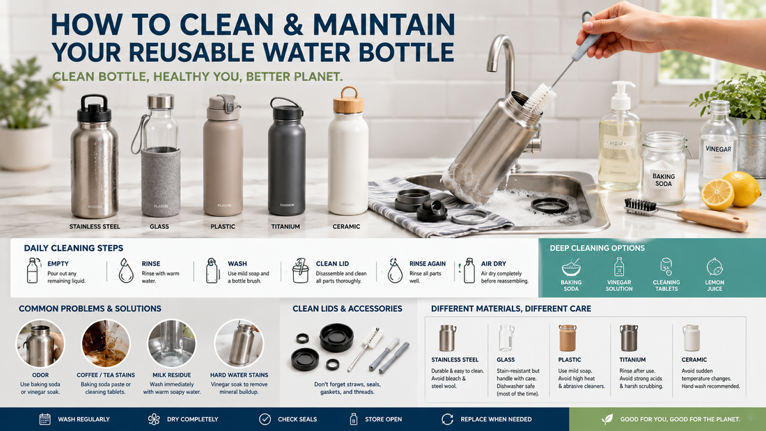 Reusable stainless steel water bottle being cleaned with a bottle brush, warm soapy water, and removable lid components in a bright modern kitchen