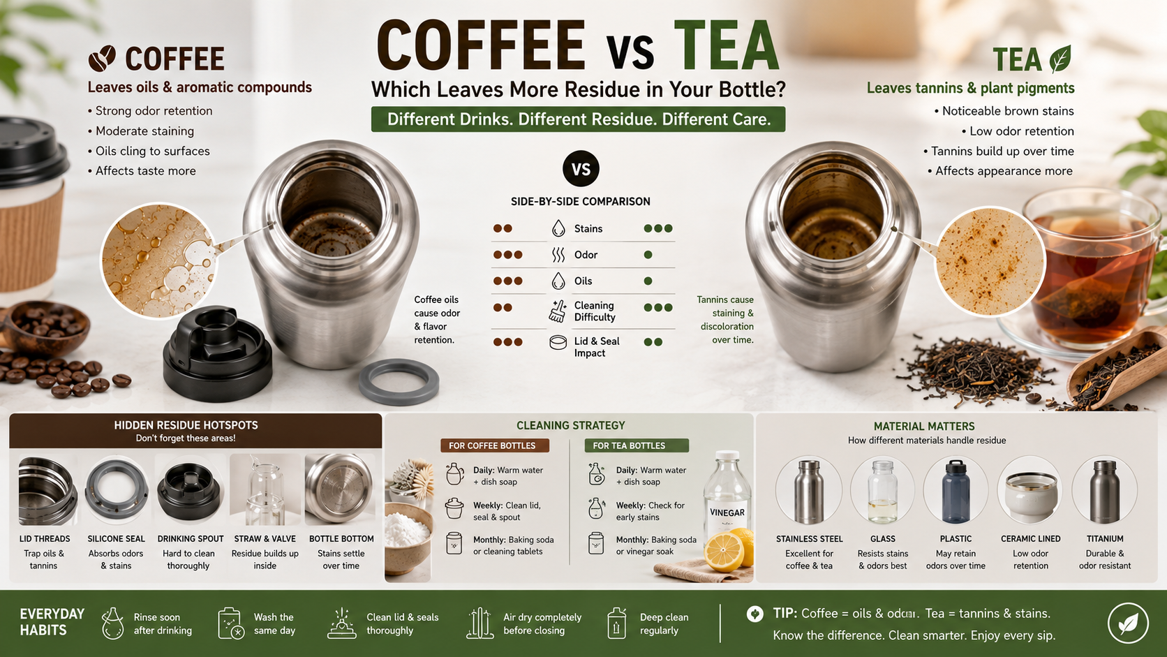 Reusable stainless steel water bottles comparing coffee oil buildup and tea tannin staining with coffee beans, tea leaves, and cleaning tools in a modern kitchen setting
