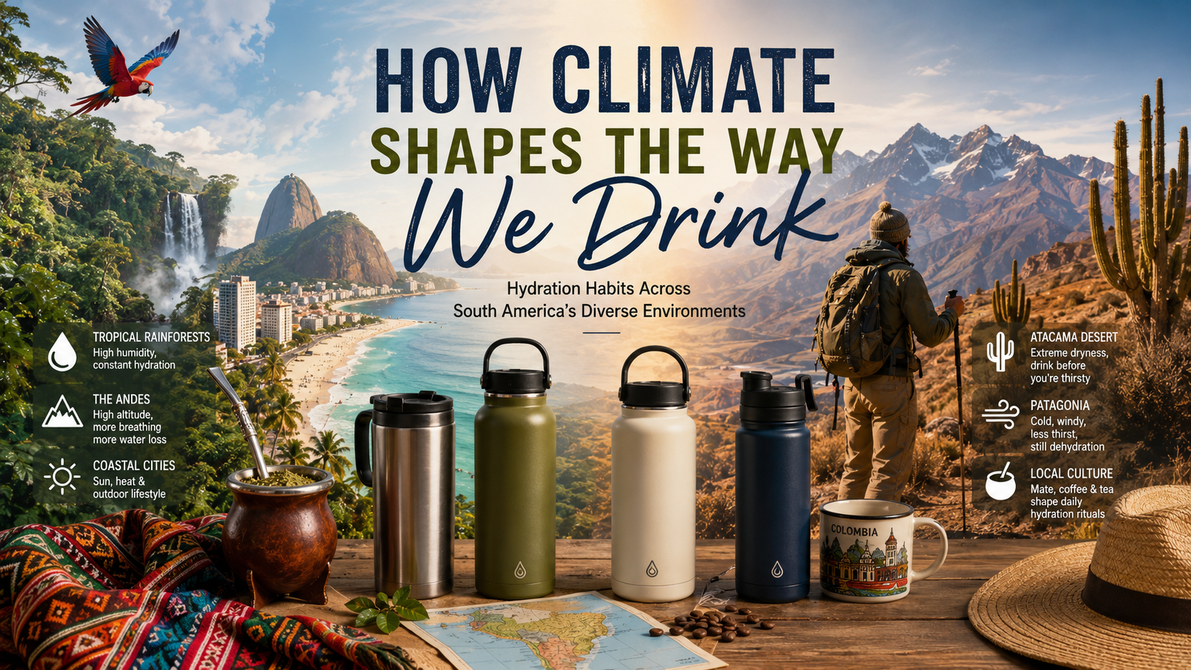 South America hydration guide featuring reusable insulated drinkware across rainforest mountains deserts and coastal regions