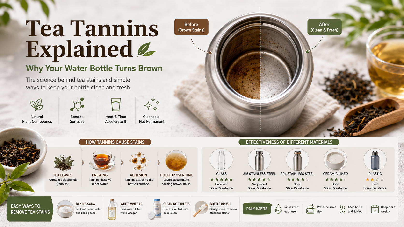 Stainless steel reusable water bottle showing brown tea tannin stains beside loose tea leaves, brewed tea, and cleaning tools