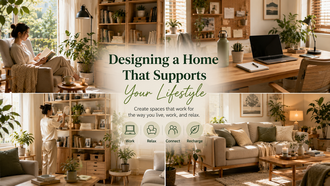 Person enjoying a thoughtfully designed home with a reading corner, indoor plants, organized workspace, and comfortable living room filled with natural light