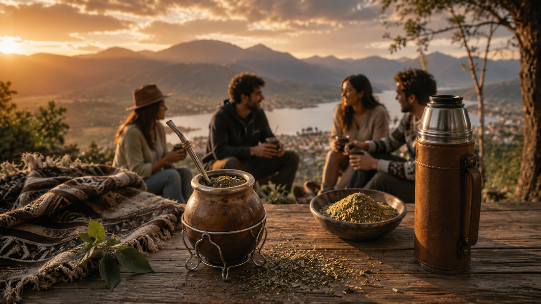 Traditional Yerba Mate drinking ritual in South America featuring a Mate cup, bombilla, thermos, loose Yerba Mate leaves, and friends enjoying conversation in a natural mountain landscape.