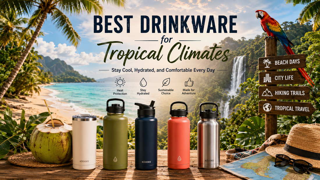 Traveler carrying a reusable insulated water bottle in a tropical climate surrounded by rainforest, palm trees, and sunny coastal scenery