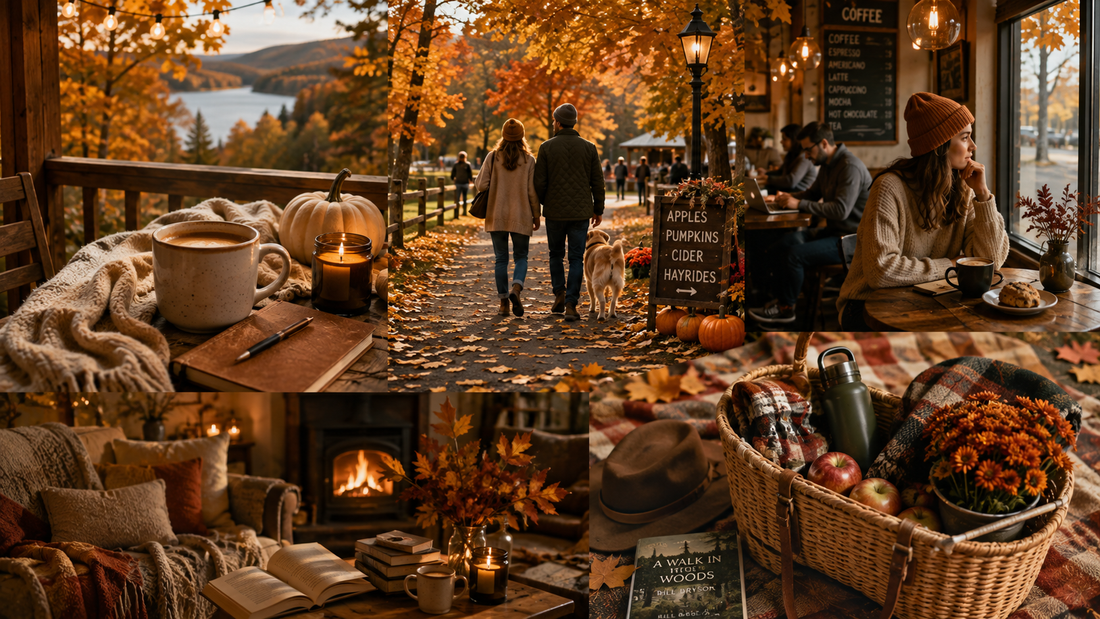 Warm autumn scenes with morning coffee, colorful maple leaves, cozy cafés, family walks, and relaxing home moments that capture the beauty of American fall traditions