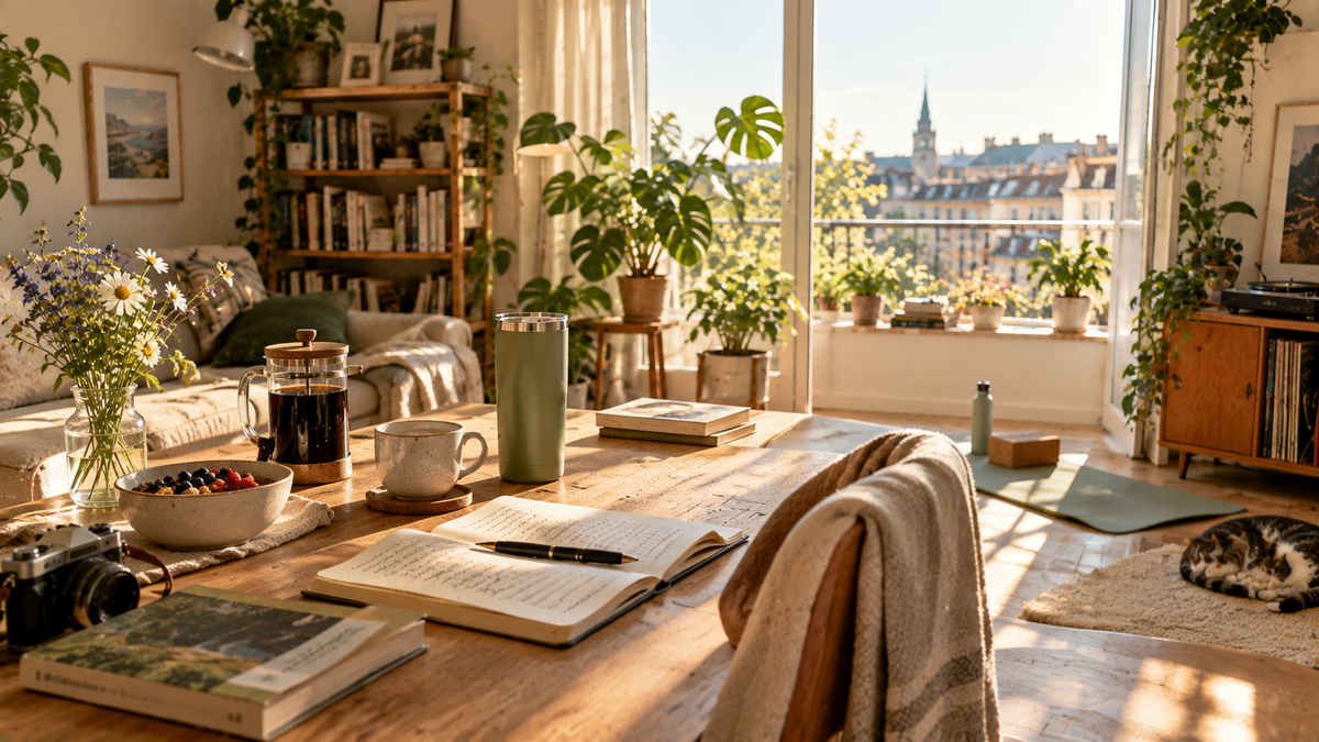 Warm morning sunlight fills a cozy Scandinavian-style apartment where fresh coffee, an open journal, books, indoor plants, a reusable tumbler, and a quiet reading corner create a peaceful atmosphere for slow living and intentional morning rituals.