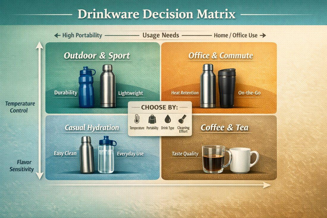 different types of drinkware including stainless steel bottle glass cup tumbler and plastic bottle on table