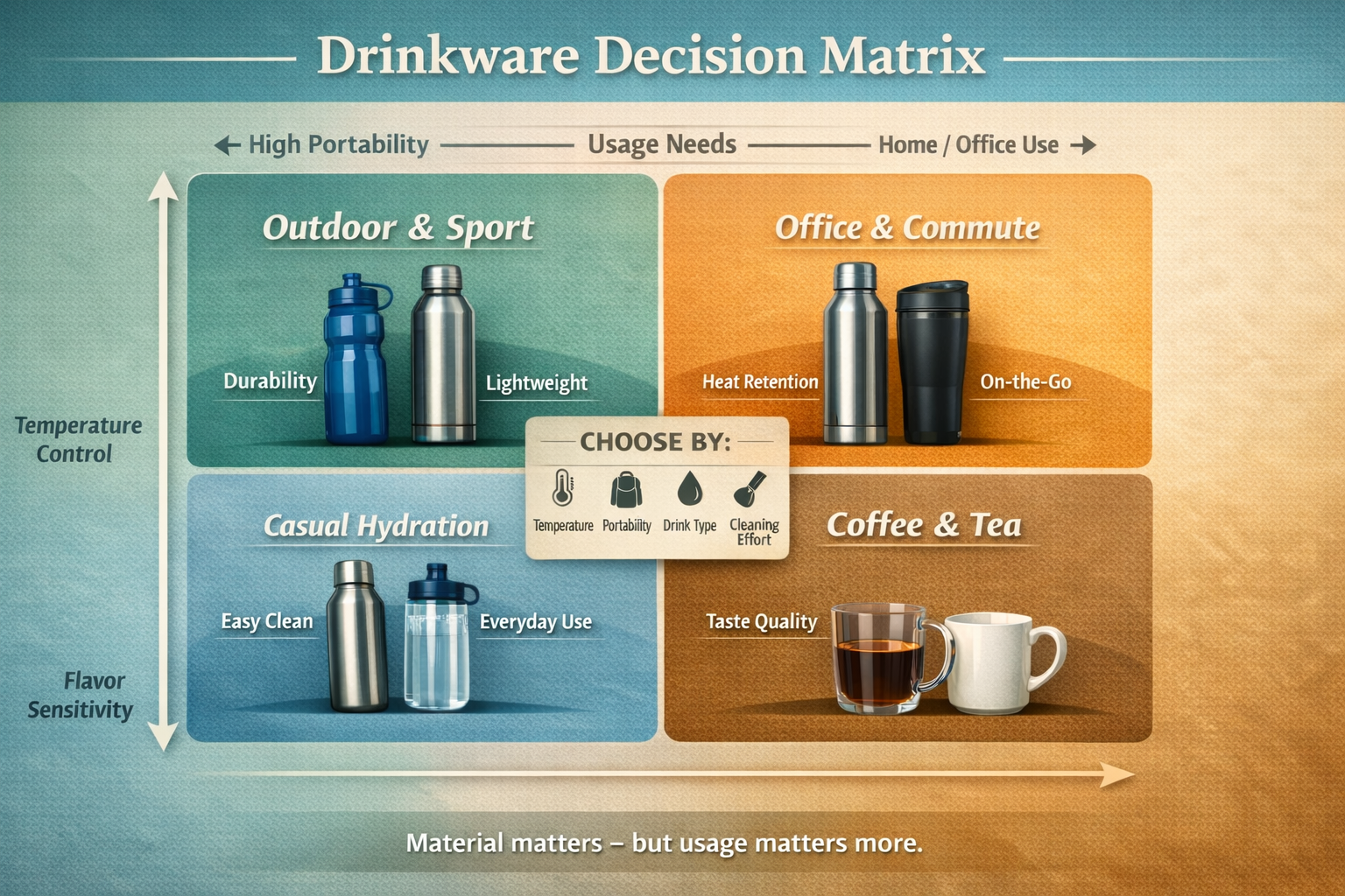 different types of drinkware including stainless steel bottle glass cup tumbler and plastic sports bottle on table