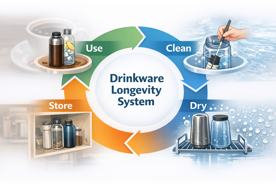 drinkware longevity system cycle showing use clean dry and store stages for water bottle care