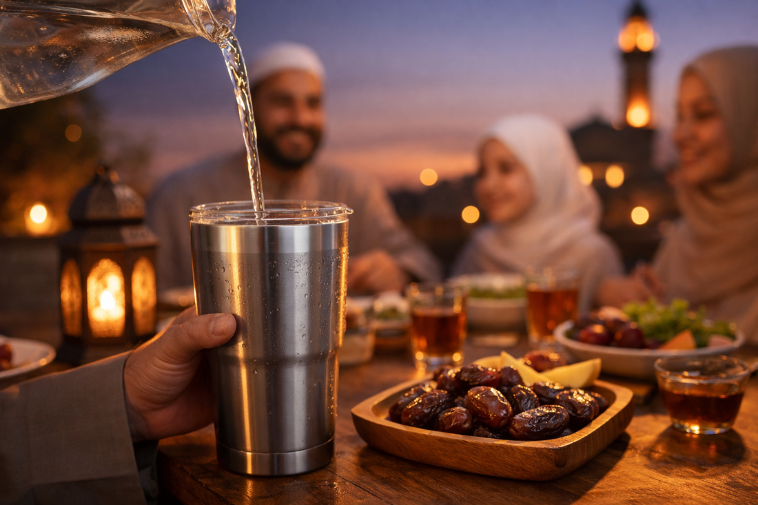 first drink at iftar with water in a reusable tumbler during Ramadan evening meal
