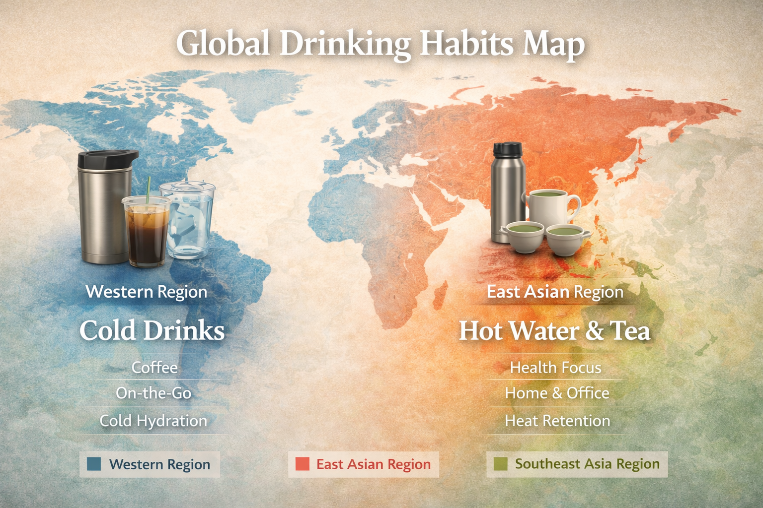 global drinking habits concept showing different cultures using water bottles tea cups and cold drink tumblers