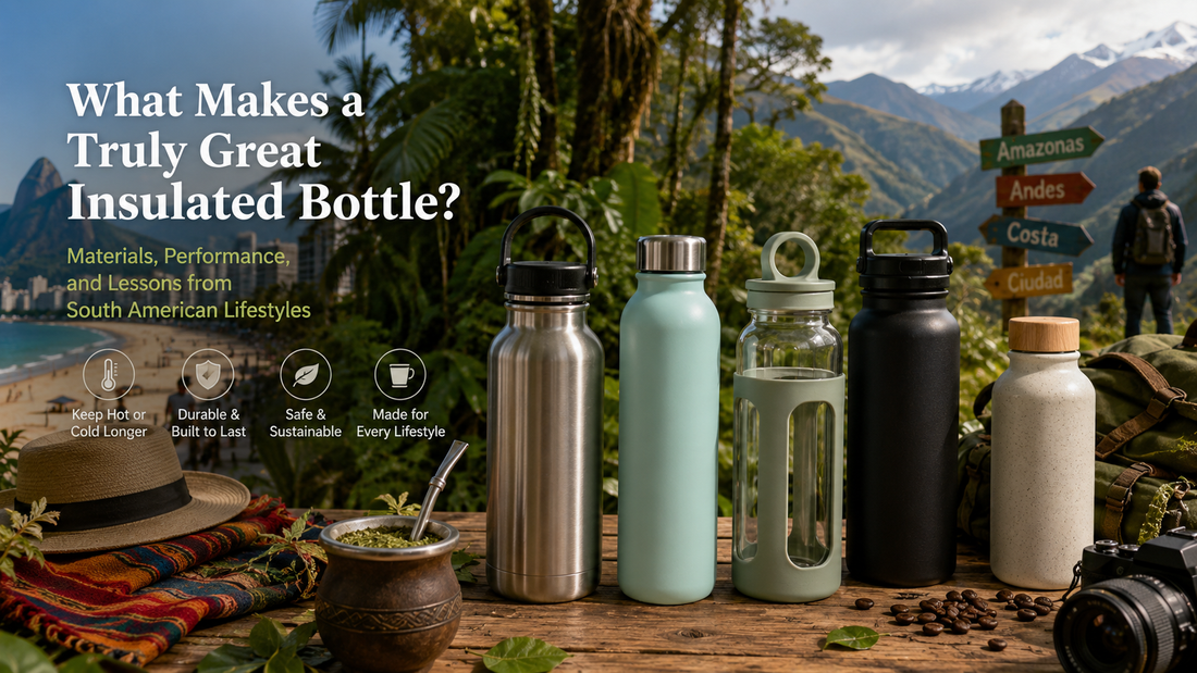 high quality insulated stainless steel water bottle displayed in a South American outdoor landscape showing performance in different climates